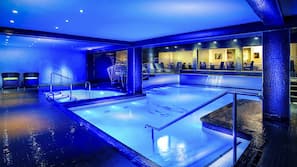 Indoor pool, outdoor pool, pool loungers