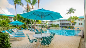 Outdoor pool, open 8 AM to 10 PM, pool umbrellas, pool loungers