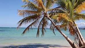 Een privéstrand, parasols, strandlakens, duiken