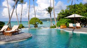 Outdoor pool, pool umbrellas, pool loungers