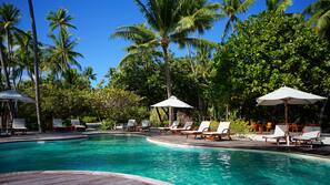 Outdoor pool, pool umbrellas, pool loungers