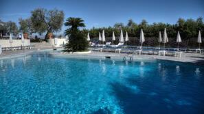 Seasonal outdoor pool, pool umbrellas, sun loungers