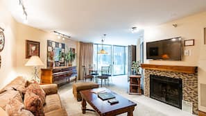 LCD TV, fireplace, DVD player