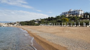 Plage, chaises longues, parasols, bar de plage