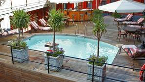 Seasonal outdoor pool, pool umbrellas, pool loungers
