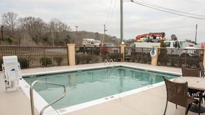 Seasonal outdoor pool, open 9 AM to 9 PM, pool umbrellas, sun loungers