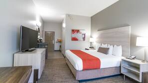 Premium bedding, pillowtop beds, desk, laptop workspace