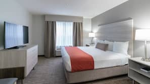 Premium bedding, pillowtop beds, desk, laptop workspace