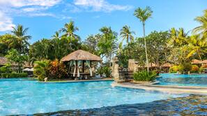 Outdoor pool, pool umbrellas