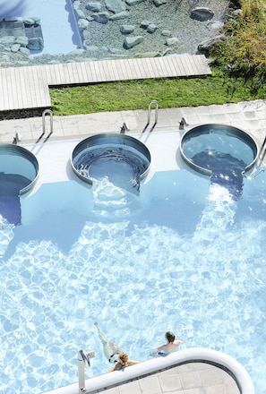 Indoor pool, outdoor pool, sun loungers
