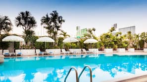 Outdoor pool, pool umbrellas, pool loungers