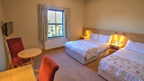 Desk, laptop workspace, blackout curtains, iron/ironing board