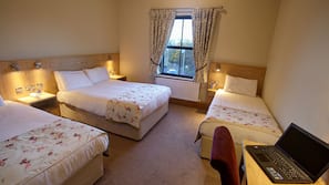 Desk, laptop workspace, blackout curtains, iron/ironing board