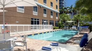 Outdoor pool, pool umbrellas, pool loungers