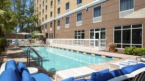 Outdoor pool, pool umbrellas, pool loungers