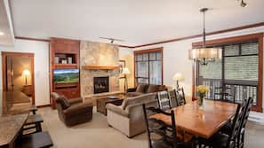 LCD TV, fireplace, DVD player, heated floors