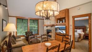 LCD TV, fireplace, DVD player, heated floors