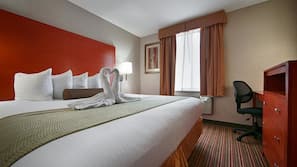 Premium bedding, pillow top beds, desk, laptop workspace