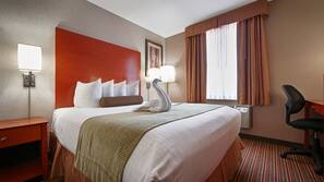Premium bedding, pillow top beds, desk, laptop workspace