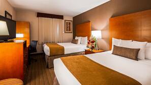 Premium bedding, pillow top beds, desk, laptop workspace