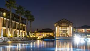 Indoor pool, seasonal outdoor pool, pool umbrellas