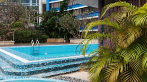 Seasonal outdoor pool, sun loungers