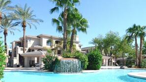 Outdoor pool, pool umbrellas