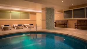 Indoor pool, outdoor pool, pool loungers