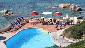 Seasonal outdoor pool, pool umbrellas, pool loungers