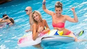 Indoor pool, outdoor pool, pool loungers