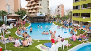 Indoor pool, outdoor pool, pool loungers