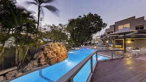 Outdoor pool, pool umbrellas, pool loungers