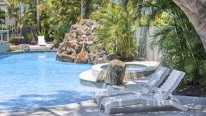 Outdoor pool, pool umbrellas, pool loungers