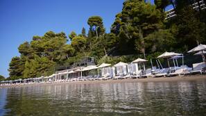 Sulla spiaggia, lettini da mare, ombrelloni, teli da spiaggia