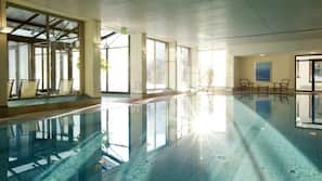 Indoor pool, outdoor pool, sun loungers