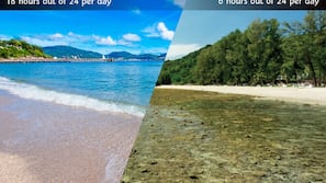 On the beach, white sand, beach umbrellas, beach towels