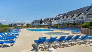 Seasonal outdoor pool, pool umbrellas, pool loungers