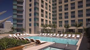 Outdoor pool, open 5:00 AM to 10:00 PM, pool loungers