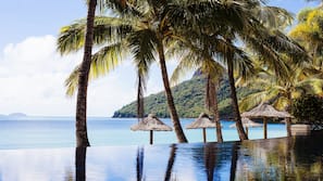 On the beach, sun-loungers, beach umbrellas, beach towels