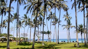 On the beach, white sand, beach umbrellas, beach towels