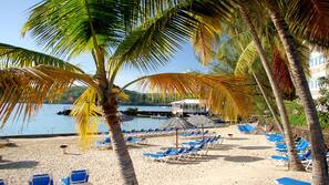 Plage à proximité, chaises longues, parasols, serviettes de plage