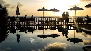 Outdoor pool, pool umbrellas, pool loungers