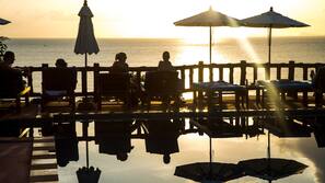 Outdoor pool, pool umbrellas, pool loungers