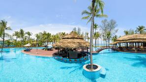 Outdoor pool, pool umbrellas, sun loungers