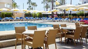 Seasonal outdoor pool, pool umbrellas, pool loungers