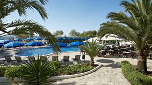 Outdoor pool, pool umbrellas, pool loungers
