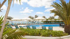 Outdoor pool, pool umbrellas, pool loungers