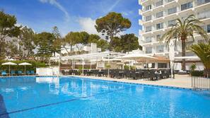 Outdoor pool, pool umbrellas, pool loungers