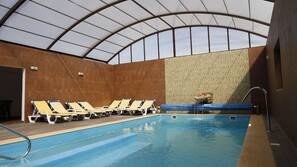 Indoor pool, outdoor pool, sun loungers