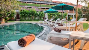 Outdoor pool, pool umbrellas, pool loungers